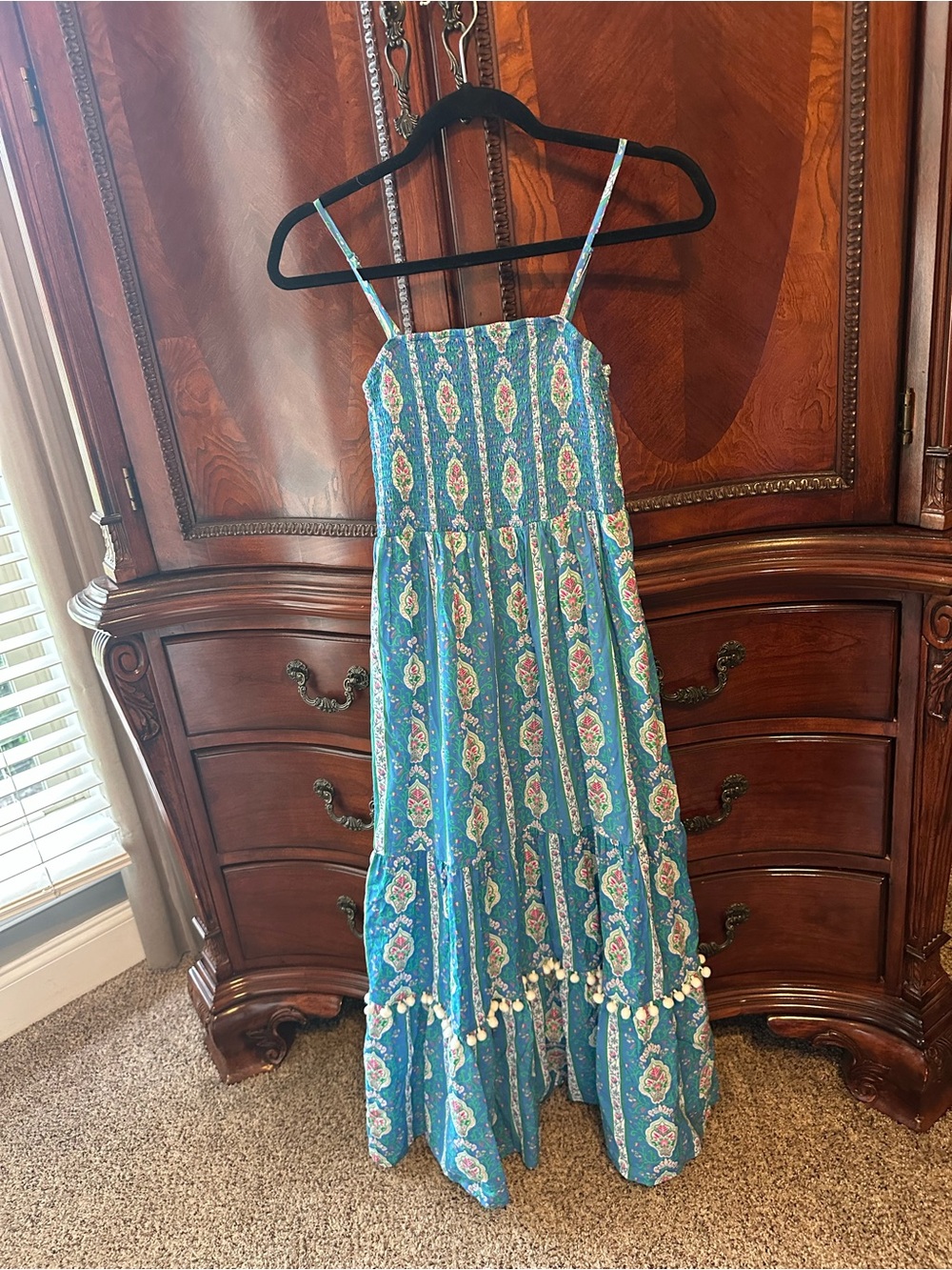 Turquoise Printed Maxi Sundress with Pom Pom Trim size small